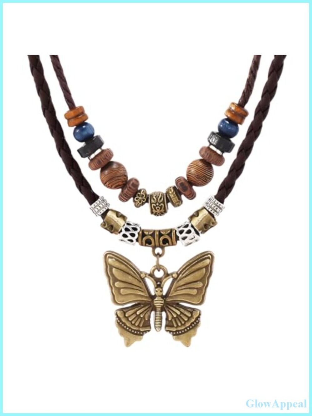 Boho Butterfly Pendant Necklace Layered Leather Rope Wood Beads Choker
